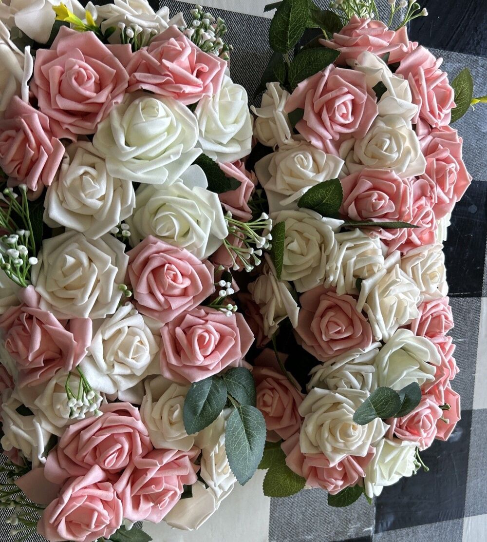 Flower Centerpiece 2pc Pink White Roses Realistic Faux Floral 13x6x5”  95flowers